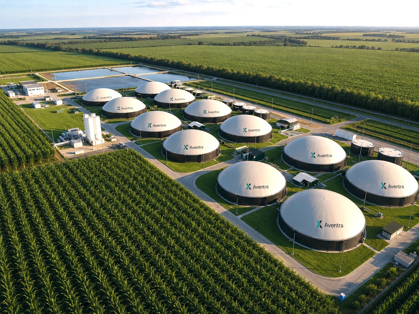 Vista aérea de um parque de biodigestores implantado em meio a um canavial